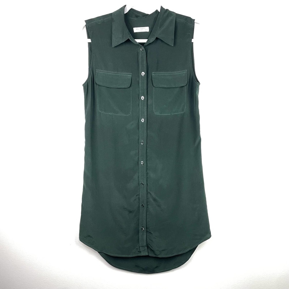 Equipment 100% Silk Dark Green Shirt Dress Size XS Button Front